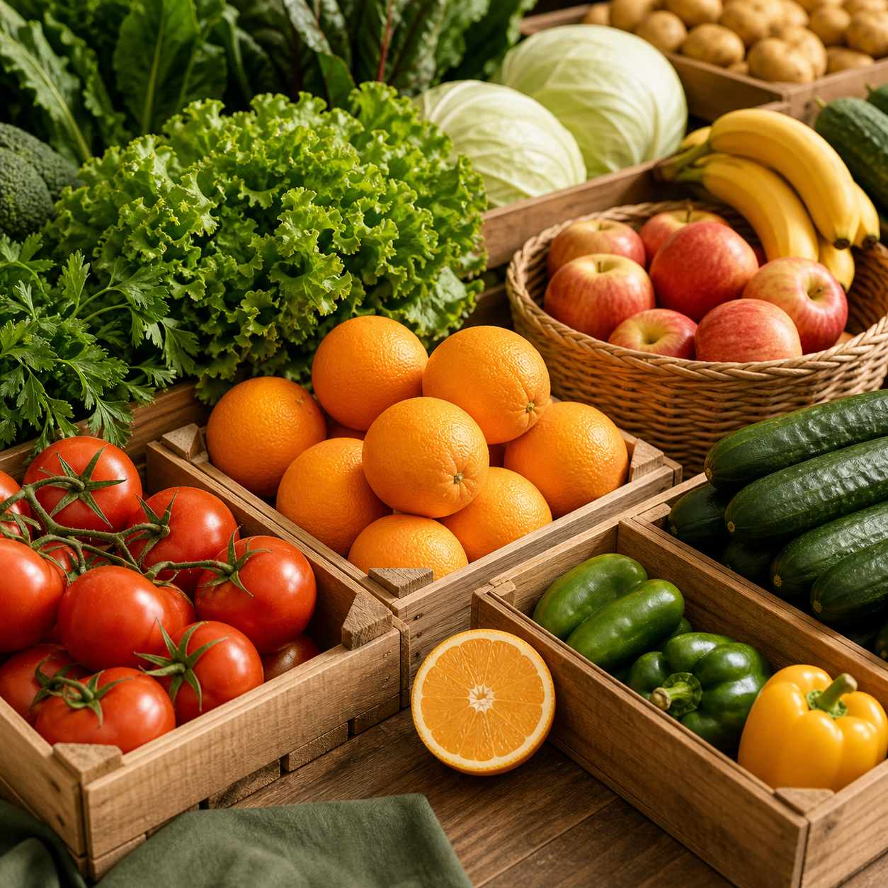 Fresh fruits and vegetables in wooden crates on a clean market table