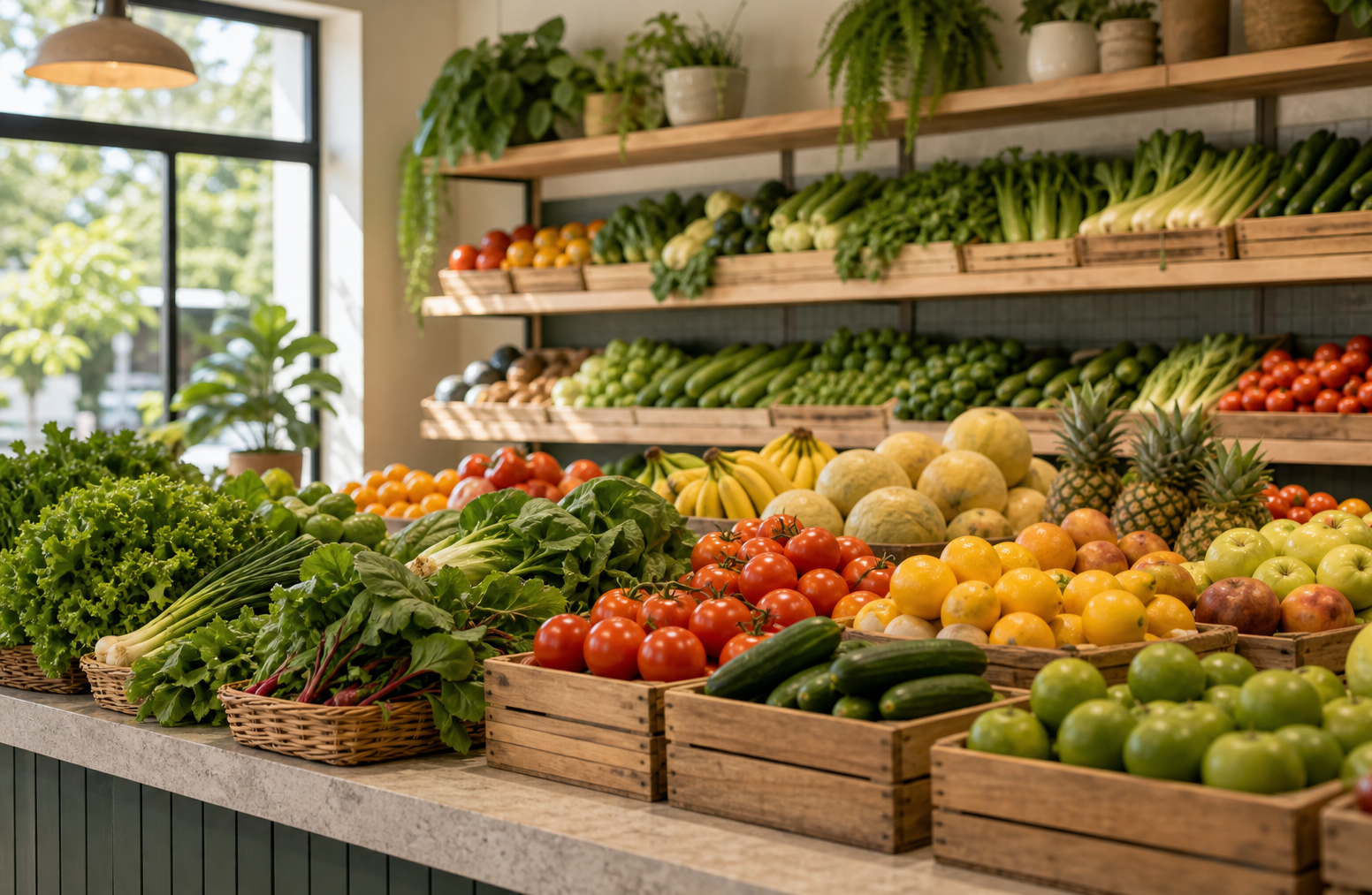 Organized produce retail shop with fruits, vegetables and clean market displays